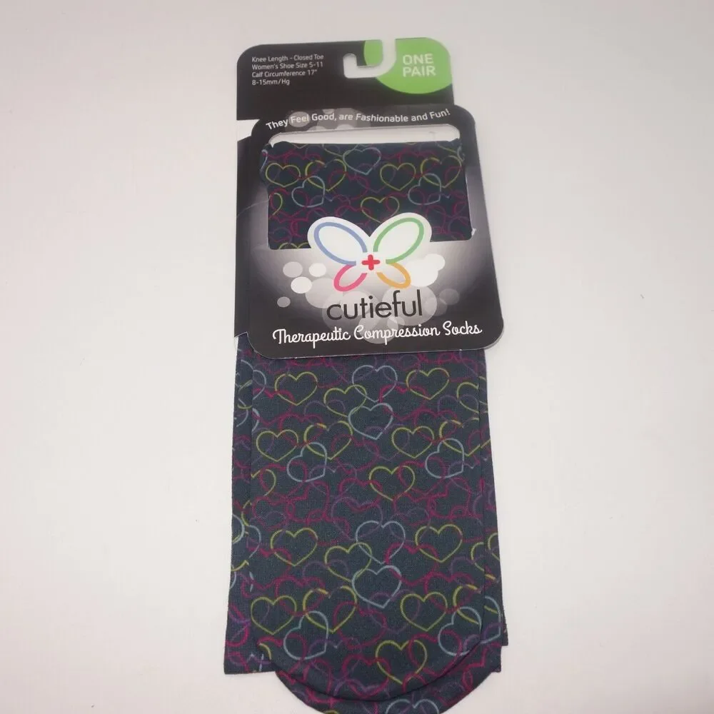 NEW Cutieful Therapeutic Compression Socks Fits Size 5-11 Black Linked Hearts